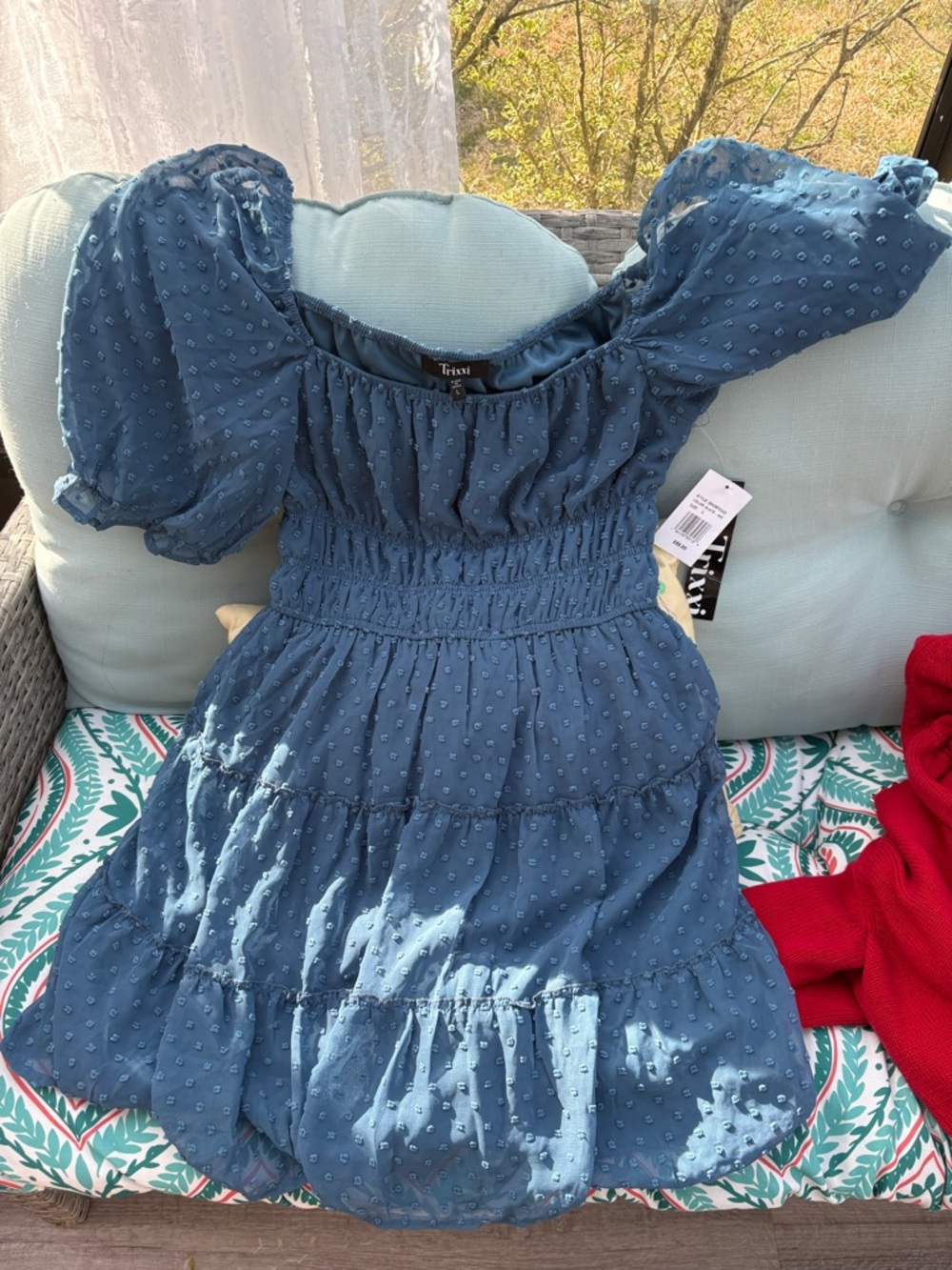 TRULY Blue Puff-Sleeve Smocked Tiered women Dress